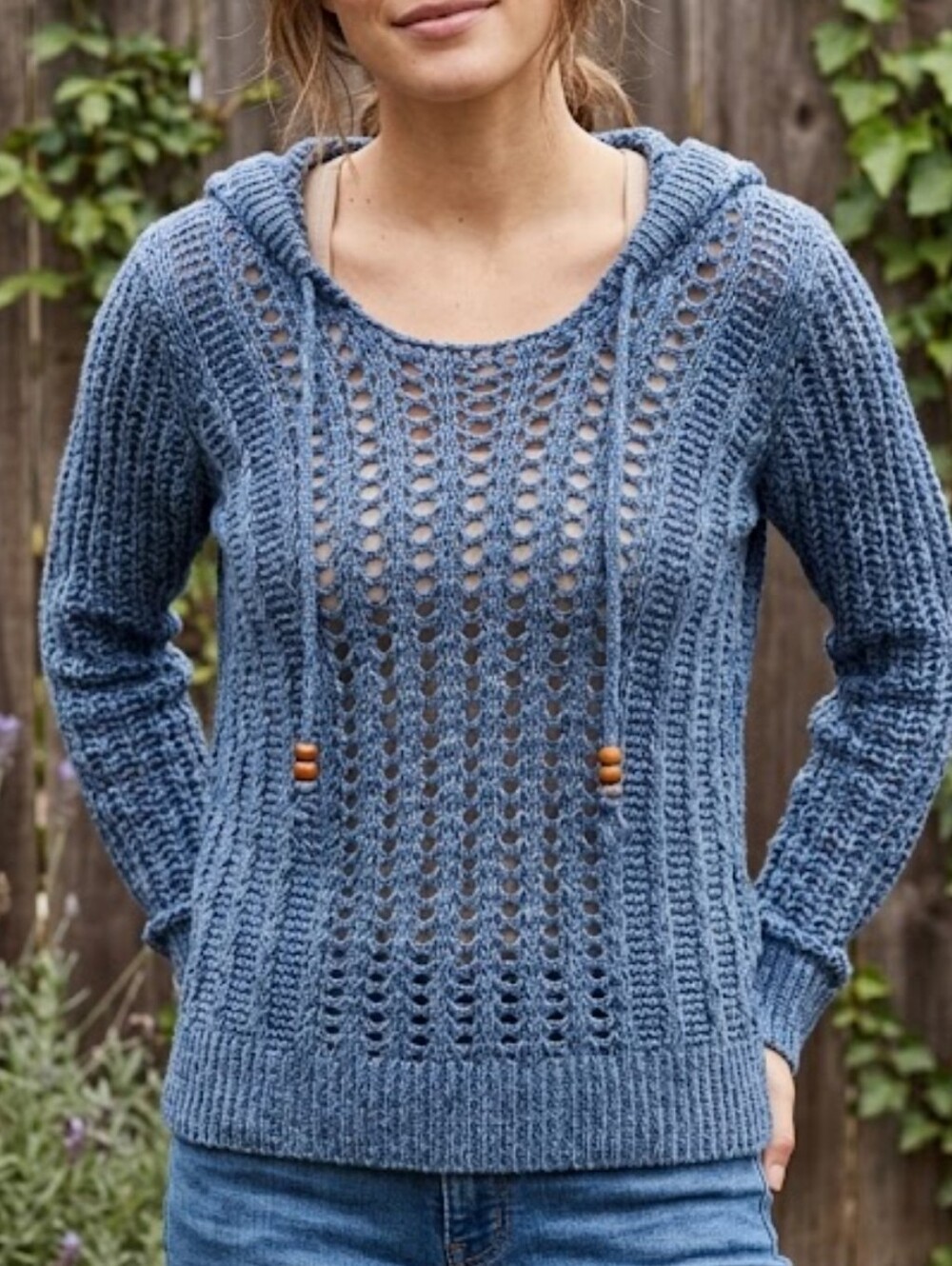 American Eagle Hooded Sweater SP Blue Open Knit Crochet Pull-on Stretch Cotton